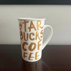 Starbucks 2015 Tall Coffee Mug Gold Graffiti Letters with White 16oz Like New